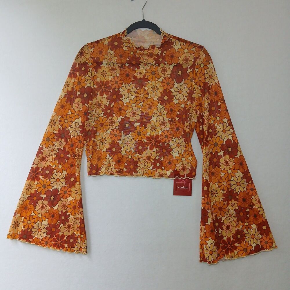 Floral Mesh Cropped Top XL Orange Sheer Bell Sleeve Indie Boho 70s Flower #921